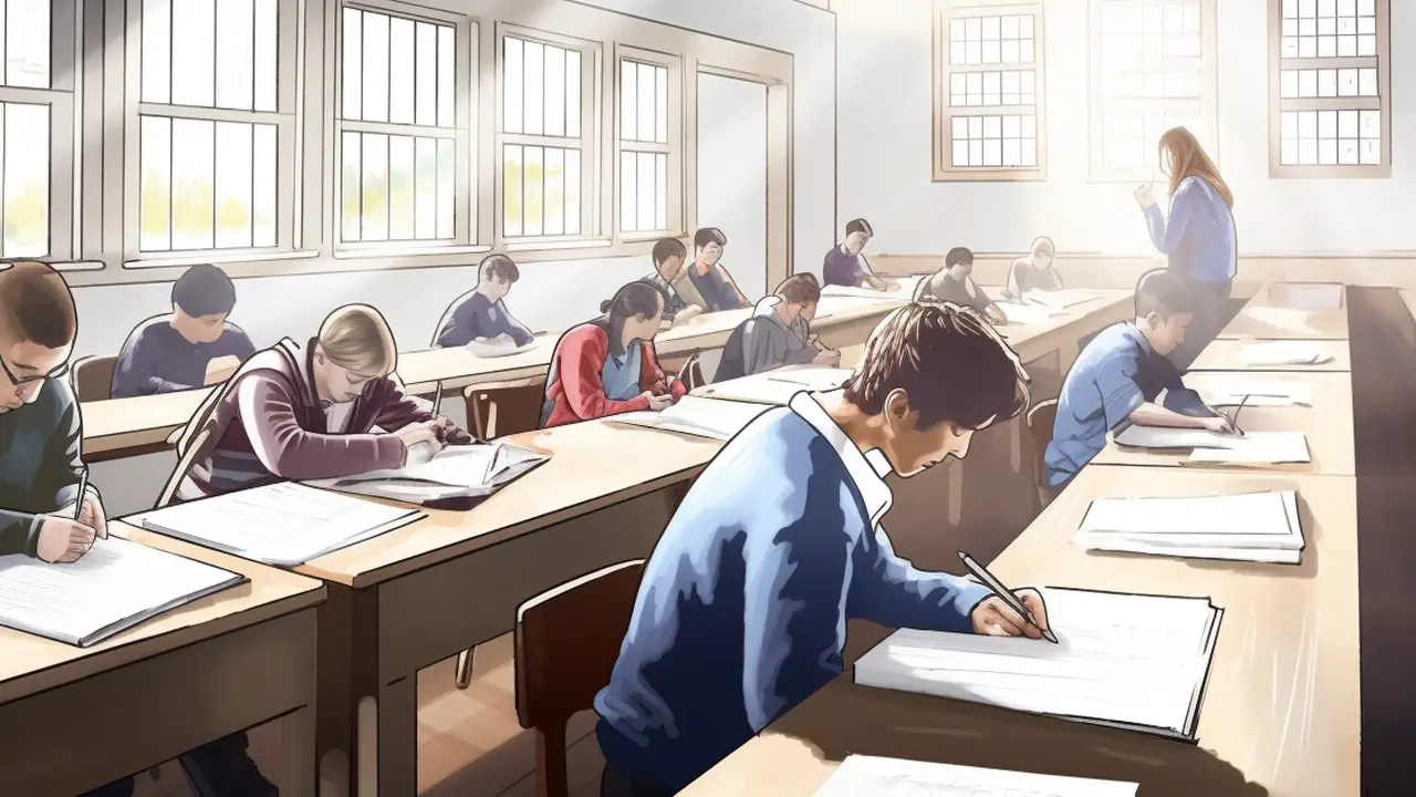 Students completing a written test in class