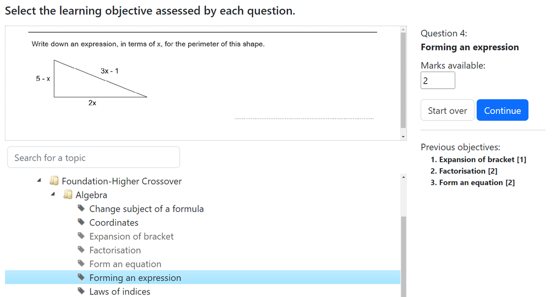 Screenshot of selecting a topic for each question