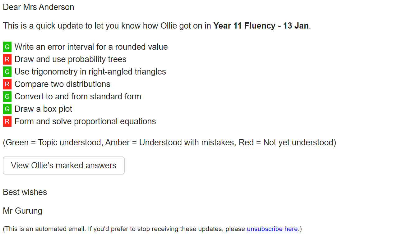 Example of a feedback email sent to parents