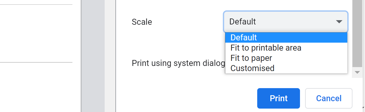 Screenshot of printing the test using Actual Size