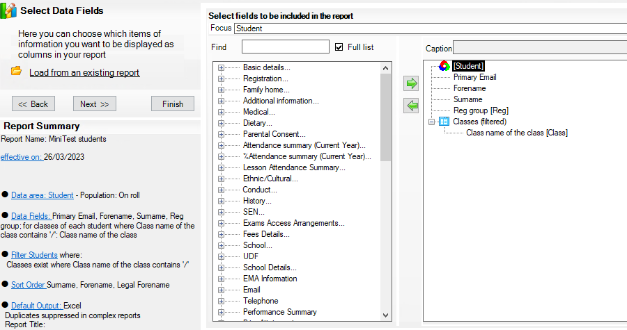 Screenshot of the students report in the SIMS report editor