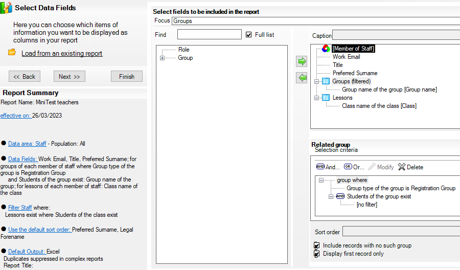 Screenshot of the teachers report in the SIMS report editor
