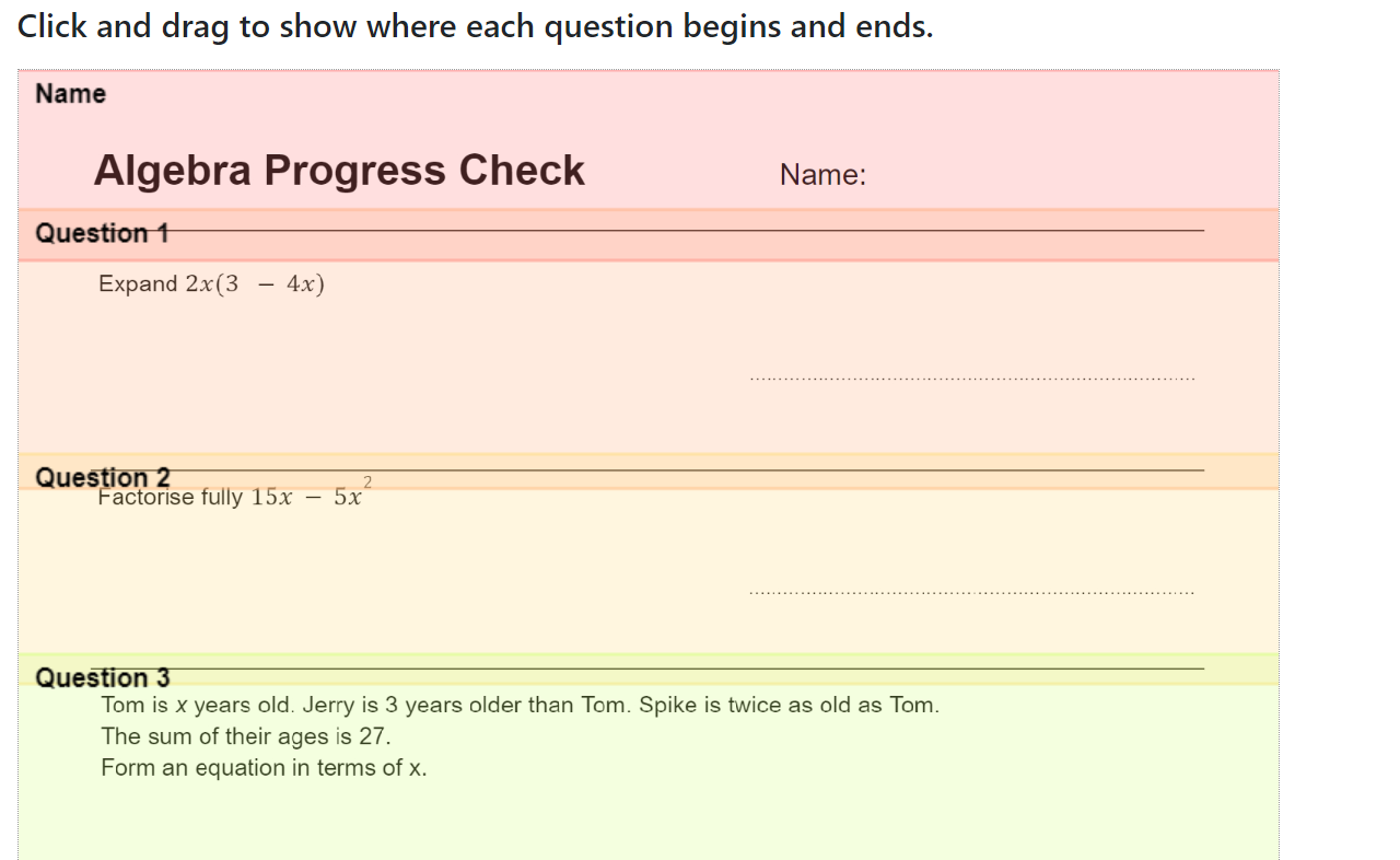 Screenshot of snipping a test into questions