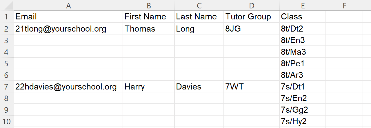Screenshot of the students CSV file in a spreadsheet